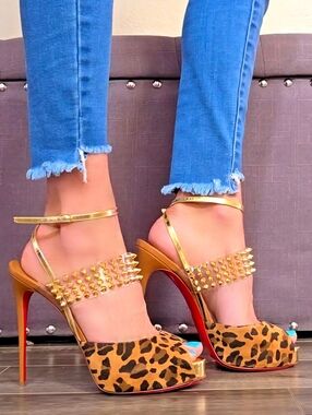 Christian Louboutin Levitagirl 120 Gold Spiked Leather Suede Leopard Heels EU39